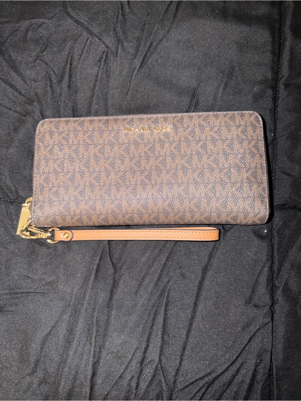 Michael Kors Brown MK Logo Zip-Around Wristlet Wallet with Tan Strap